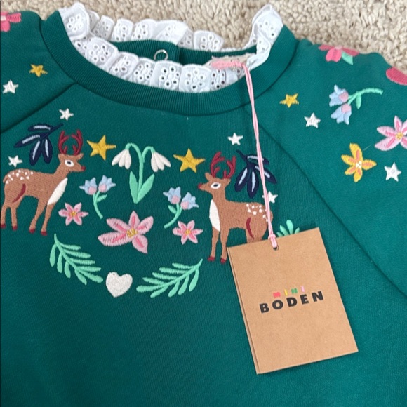 Mini Boden Green Crewneck Sweater with Embroidered Deer and Floral Yoke - Picture 3 of 3